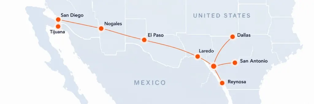 Map of Cargo Pulse coverage across U.S.–Mexico crossings including San Diego, Tijuana, Nogales, El Paso, Laredo, Dallas, San Antonio, and Reynosa